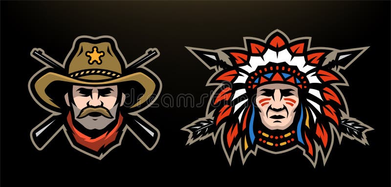 Head of cowboy and Indian on a dark background.