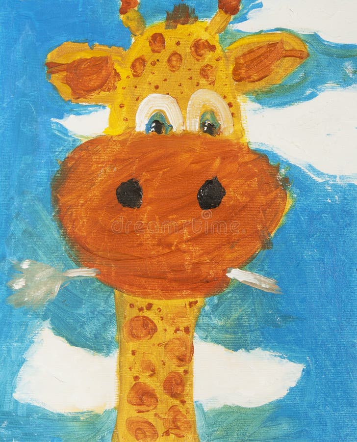 Funny Giraffe on Blue Sky Painting Stock Photo - Image of gouache