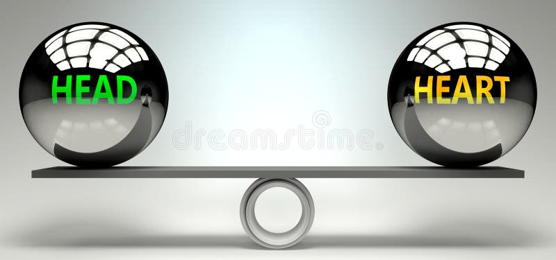 Head and heart balance, harmony and relation pictured as two equal balls with text words showing abstract idea and symmetry stock illustration