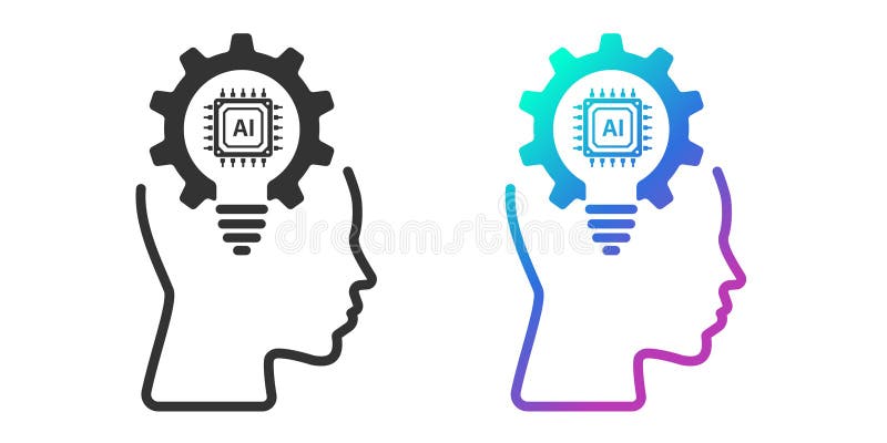 Head human with a light bulb AI icon. line icon. Artificial intelligence technology concept design. Technological brain. Flat stock illustration