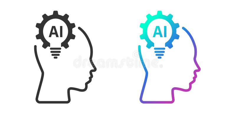 Head human with a light bulb AI icon. line icon. Artificial intelligence technology concept design. Technological brain. Flat royalty free illustration