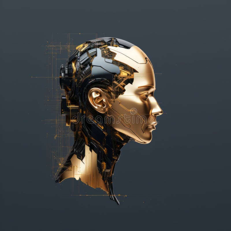 The head of a robot is shown on a dark background royalty free illustration