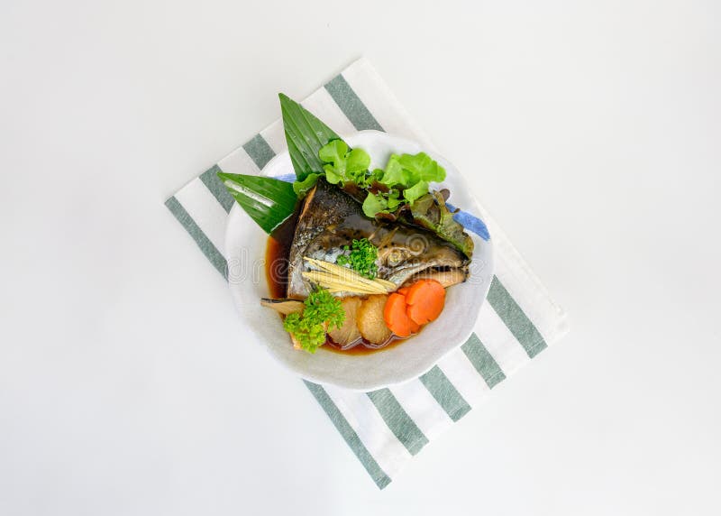 Head Salmon Kabutoni with Soy Sauce and Vegetable in Bowl Stock Image