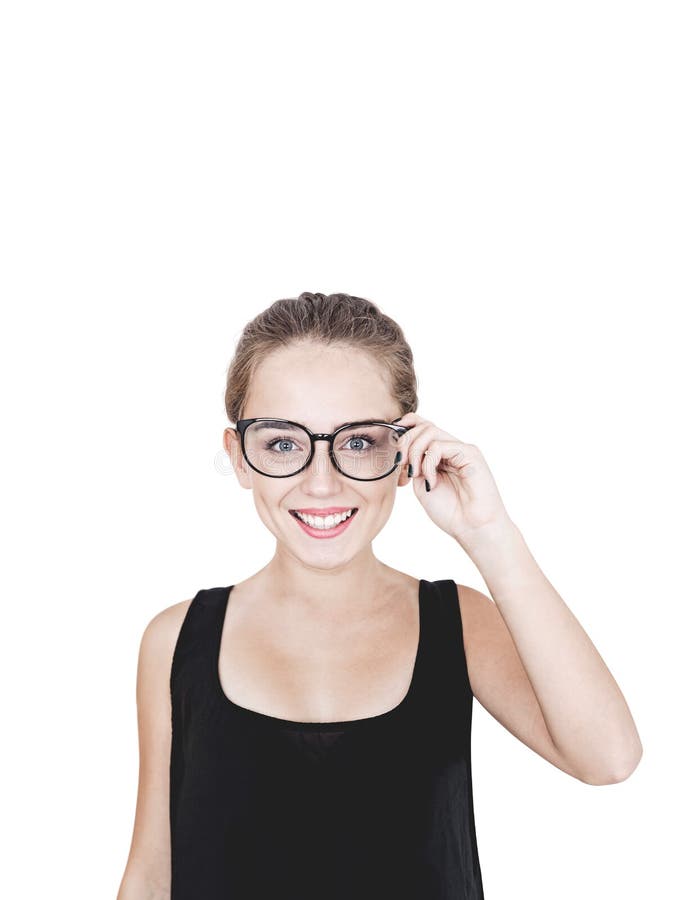 Smiling young woman glasses and tank top, isolated