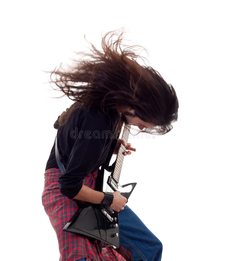 Headbanging rocker plays guitar