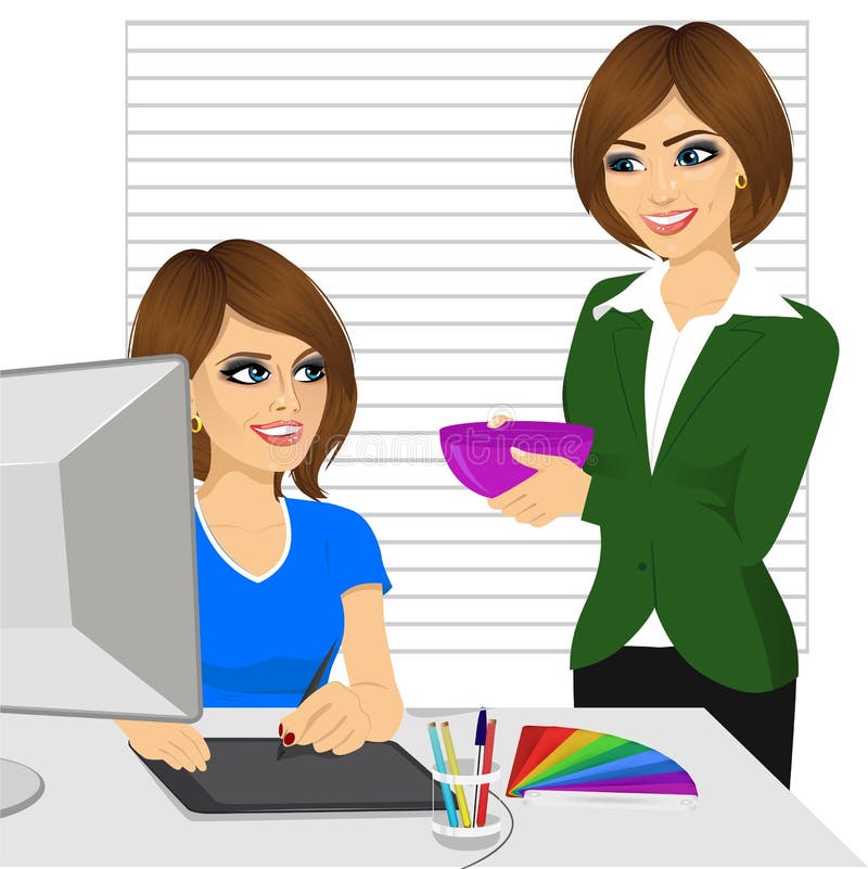 Headmistress comes to treat her subordinate working as graphic designer with homemade food at office stock illustration Headmistress comes to treat her subordinate working as graphic designer with homemade food at office stock illustration