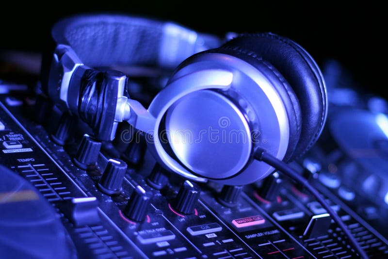 Headphone and DJ Control Gear, Electronic Night Party Stock Image