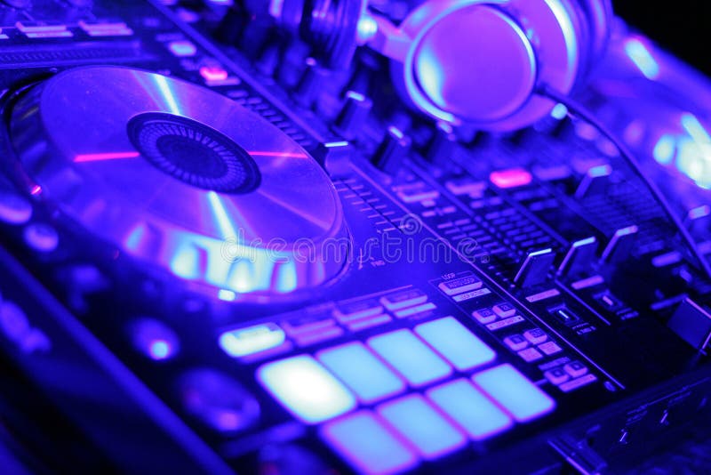 Headphone and DJ Control Gear, Electronic Night Party Stock Image