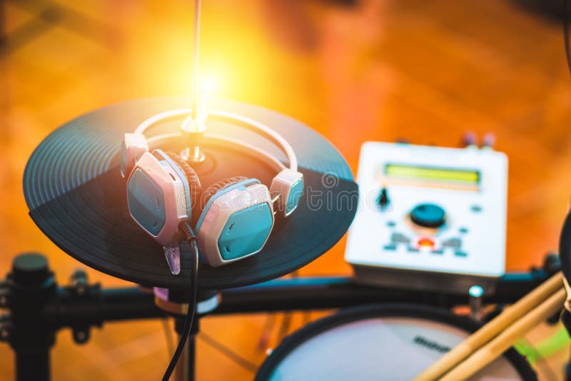 A Headphone and Electric Drum on the Stage Stock Photo Image of live