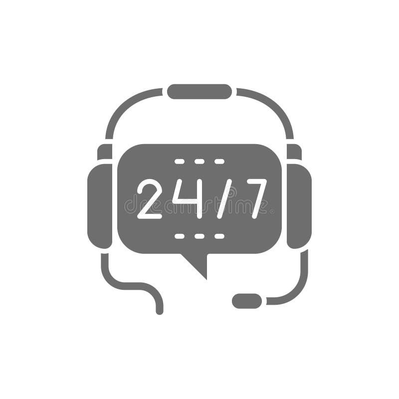 Vector headphones with microphone, round-the-clock service, non stop support grey icon. Symbol and sign illustration design. Isolated on white background