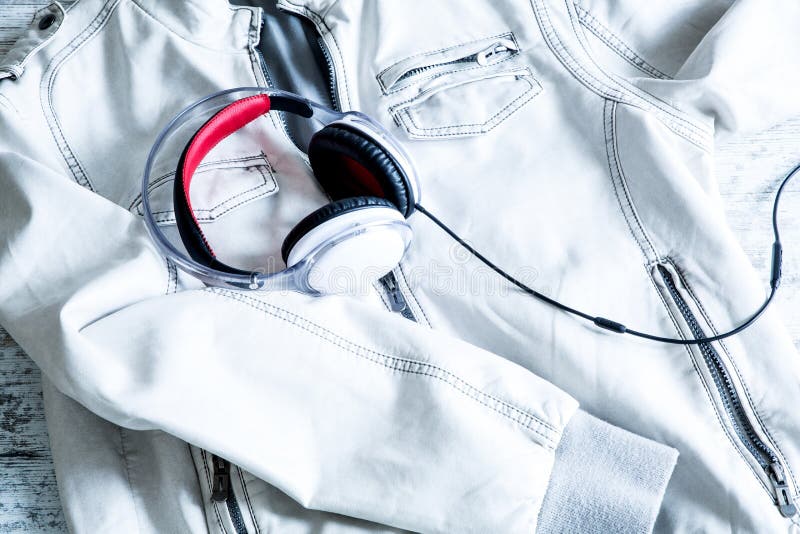 Headphones on a White Jacket Stock Photo Image of style, jacket 58889256