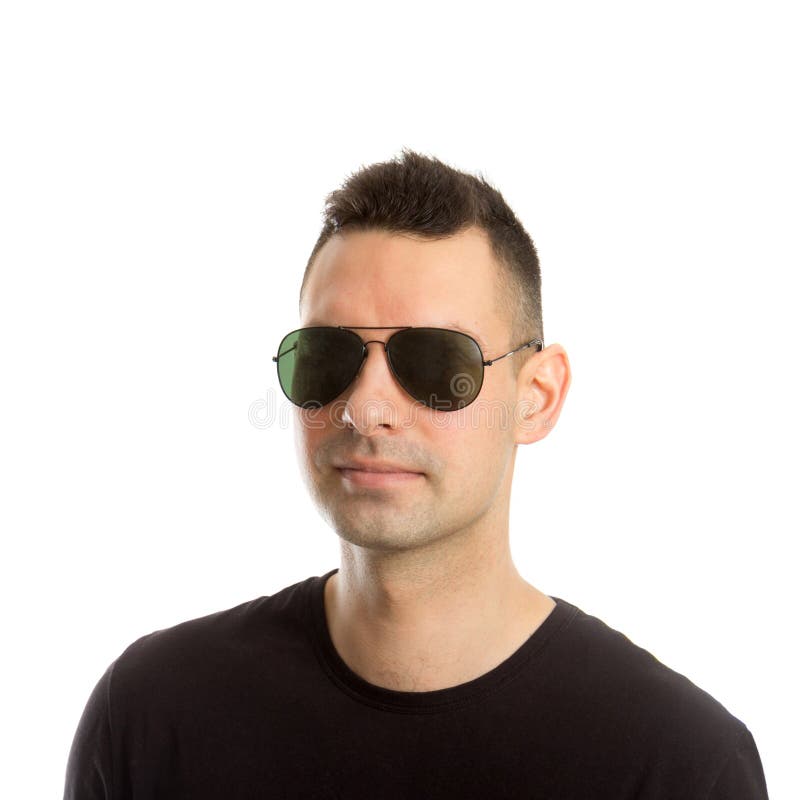 Headshot of a Young Man Wearing Aviator Sunglasses, Stock Photo Image