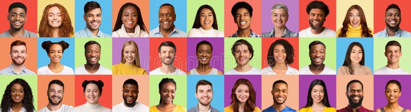 Headshots With Portraits Of Cheerful Multicultural People, Different Colored Backgrounds royalty free stock image