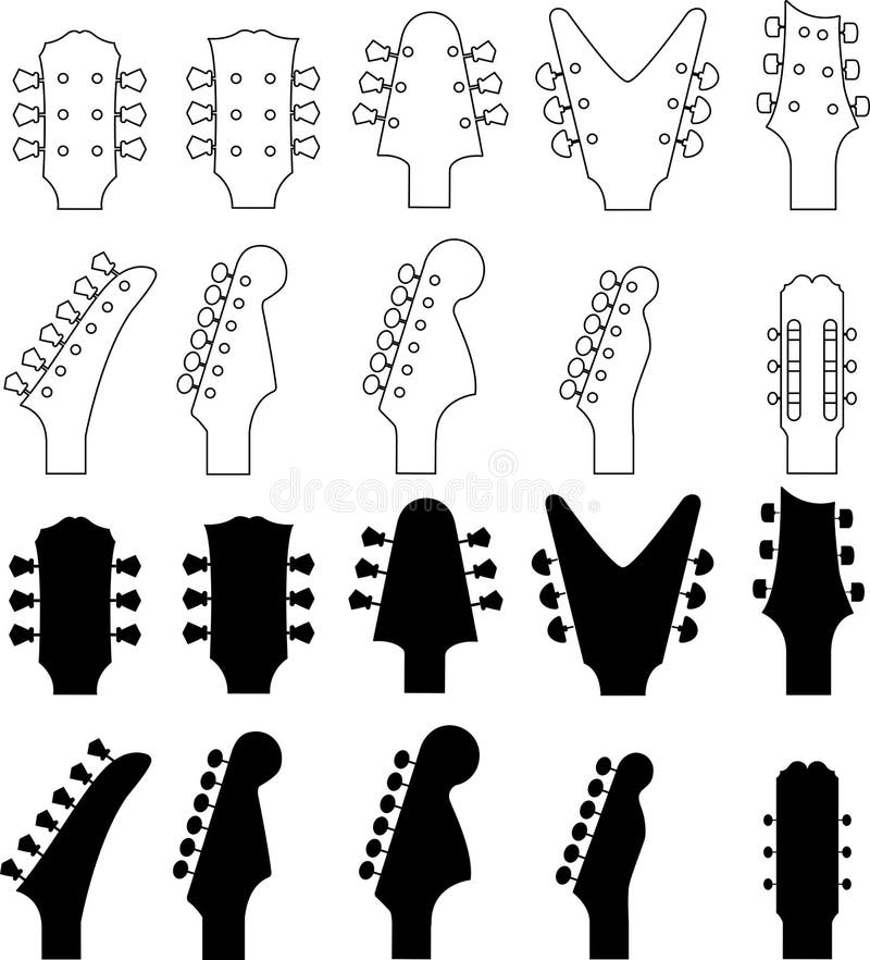 Headstocks of Different Electric and Acoustic Guitars in Black and ...