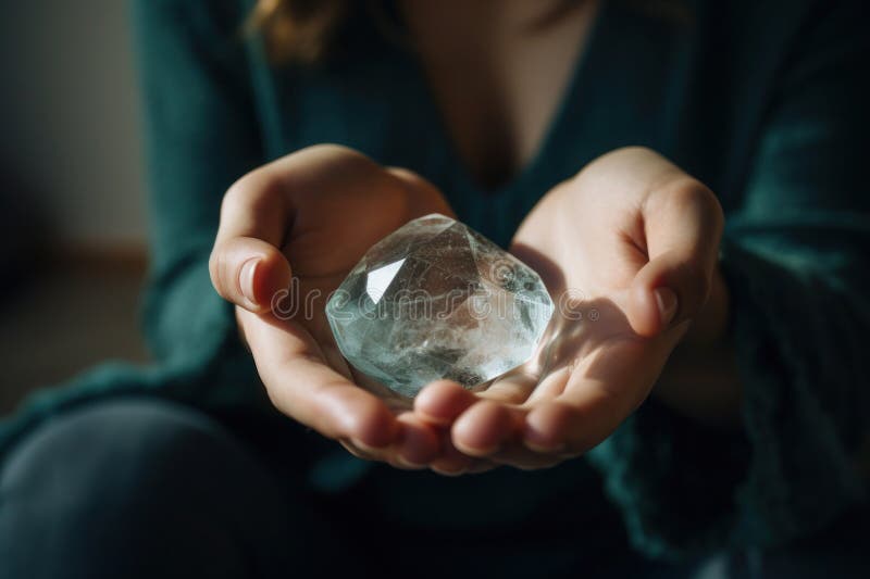 Healing Crystal in Hands for Practice and Rituals, AI Generated Stock