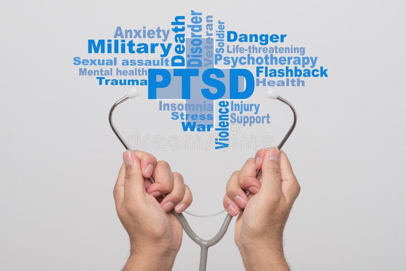 Health Care Concept. Doctor hands holding a stethoscope and PTSD - post traumatic stress disorder words on gray background. War veteran mental health issue.