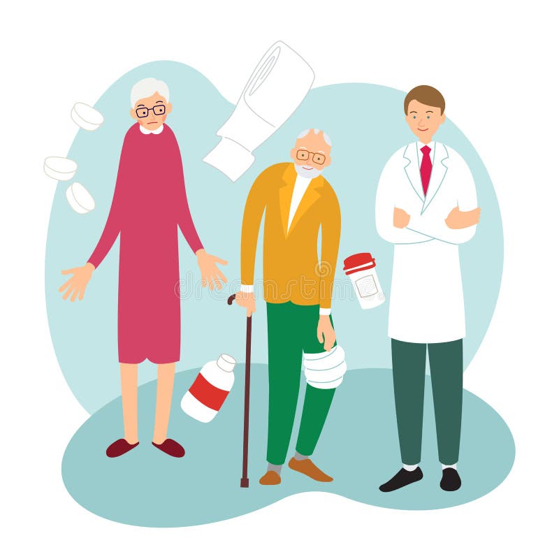 Health care concept. Medical checkup. An elderly man with sick arm at reception at practicing doctor. Family came to visit stock illustration Health care concept. Medical checkup. An elderly man with sick arm at reception at practicing doctor. Family came to visit stock illustration