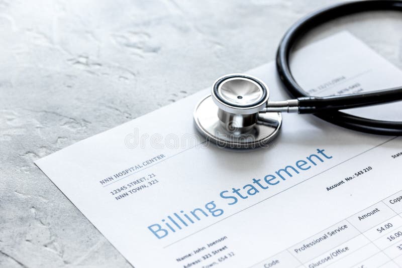 Health Care Costs with Billing Statement, Stethoscope on Stone Table