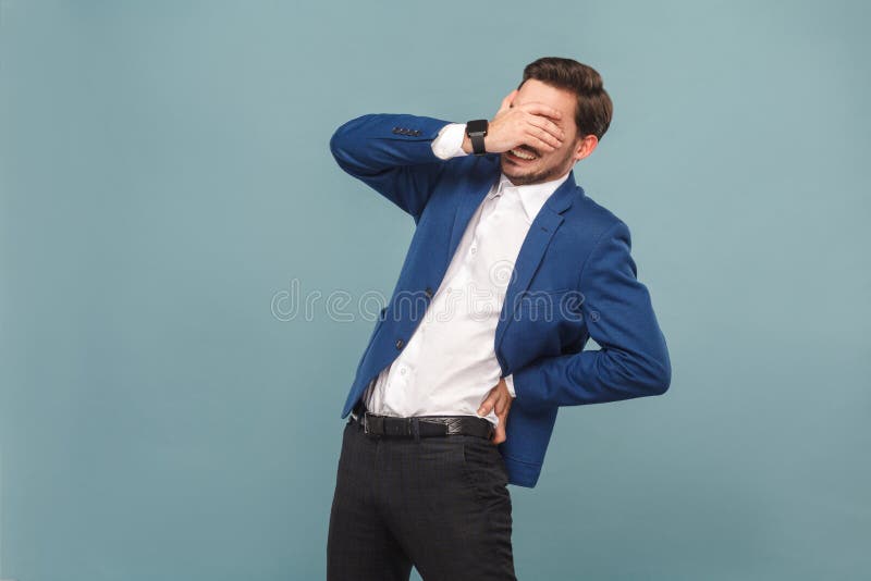 Health care. Man closed eyes and have discomfort in spine stock image Health care. Man closed eyes and have discomfort in spine stock image
