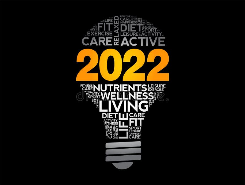2022 Health Goals Bulb Word Cloud, Health Concept Background Stock