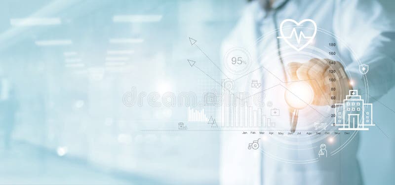 Health Insurance, Healthcare business graph and Medical examination, Doctor with stethoscope pointing at business data growth
