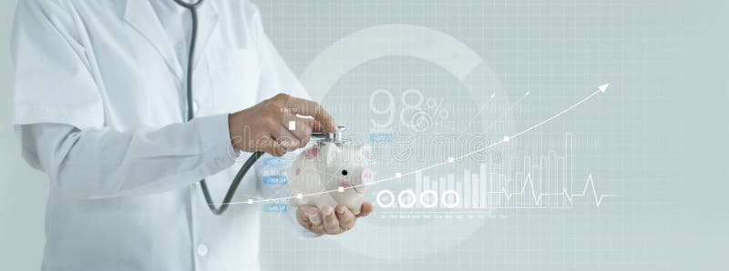 Healthcare business graph and Medical examination, Abstract doctor holding stethoscope and piggy bank in hands and analyzing data