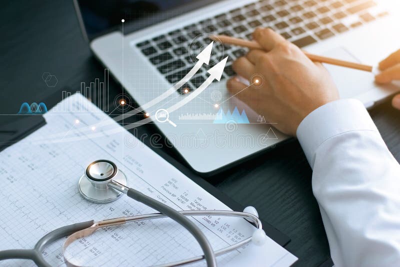 Healthcare business graph and Medical examination and businessman analyzing data and growth chart on laptop background