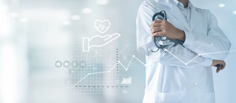 Healthcare business graph and Medical examination, Health Insurance, Doctor with stethoscope in hand and data growth chart.