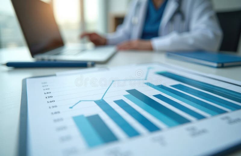 Healthcare business report shows financial growth. Charts, graphs display analysis. Person working on laptop in background. royalty free illustration