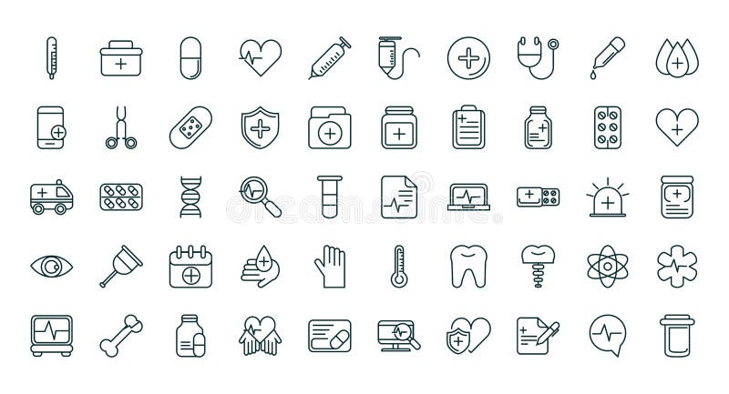 Healthcare equipment medical icons set line fill