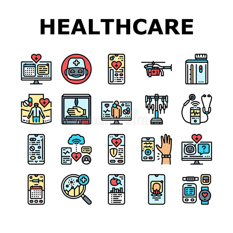 Healthcare innovations ai robotics icons set vector. telemedicine wearables genomics blockchain, nanotechnology bioprinting immunotherapy healthcare innovations ai robotics color line illustrations. Robotics icons vectors