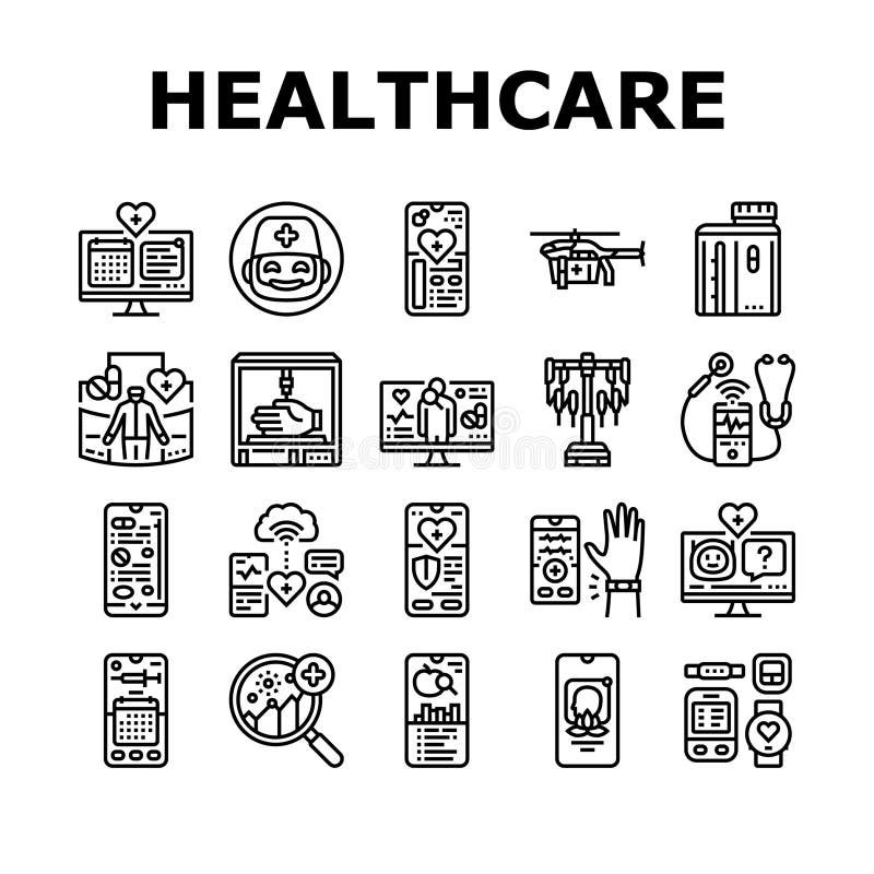 Healthcare innovations robotics icons set vector. telemedicine wearables genomics blockchain, nanotechnology bioprinting immunotherapy healthcare innovations robotics black contour illustrations. Robotics icons vectors