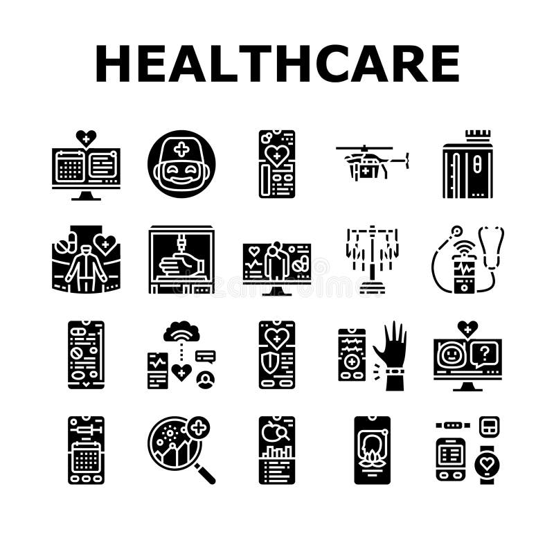 Healthcare innovations robotics icons set vector. telemedicine wearables genomics blockchain, nanotechnology bioprinting immunotherapy healthcare innovations robotics glyph pictogram Illustrations. Robotics icons vectors