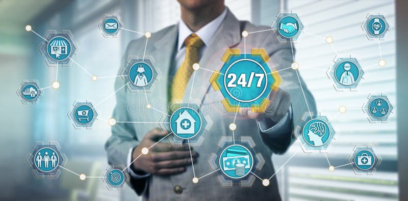 Healthcare Manager Touching 24/7 Service Button royalty free stock image