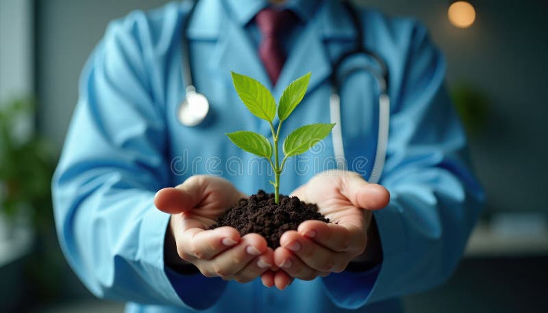 Healthcare pro holds small plant. Hands hold tiny sprout with dark soil. Image tech innovation in healthcare. Growth, progress in vector illustration