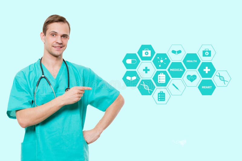 Healthcare, profession, symbols, people and medicine concept - smiling male doctor in coat over blue background with