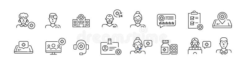 Healthcare professionals and hospital. General practitioner, 24 hour support, online services. Pixel perfect icons vector illustration