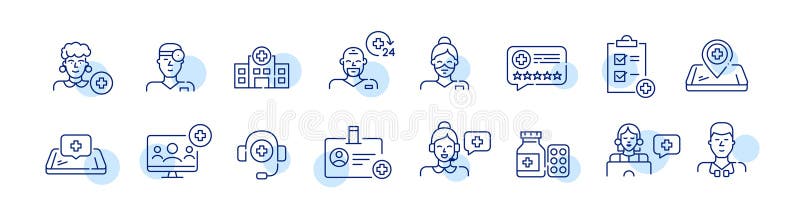Healthcare professionals and hospital. General practitioner, 24 hour support, online services. Pixel perfect set royalty free illustration