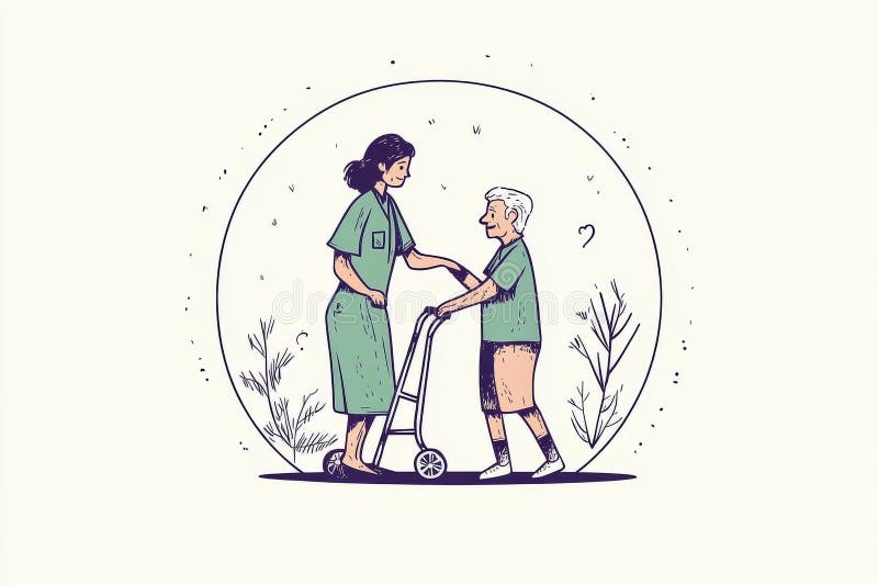 A healthcare worker assists an elderly disabled individual in using a walking frame, while also carrying a bag for the. Old lady walker clip art illustrations