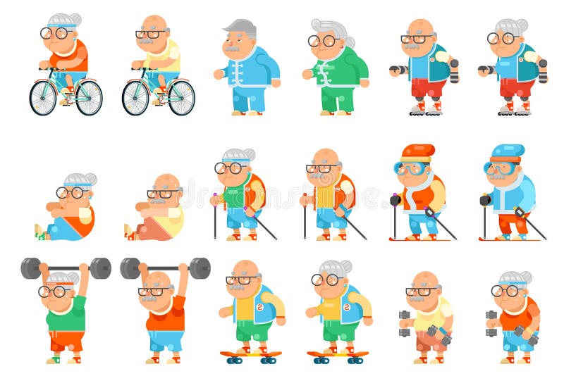 Healthy Activities Fitness Granny Grandfather Adult Old Age Man Woman  Characters Set Cartoon Flat Design Vector Stock Vector - Illustration of  grandmother, adult: 133777143