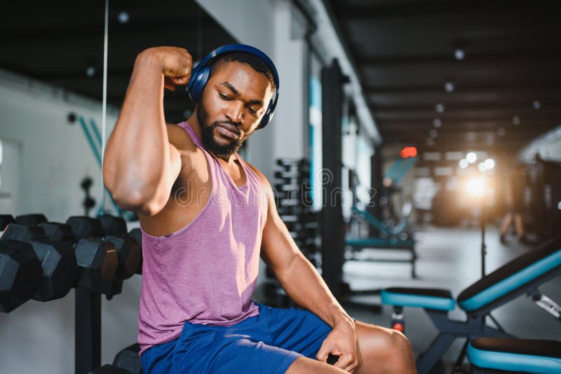 Healthy African American Man Resting after Workout. Stock Photo Image