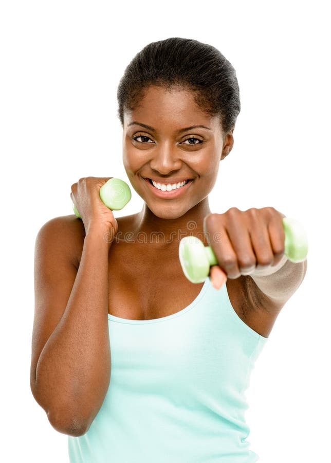Healthy African American woman excercising with dumbbells isolated on white background stock image Healthy African American woman excercising with dumbbells isolated on white background stock image
