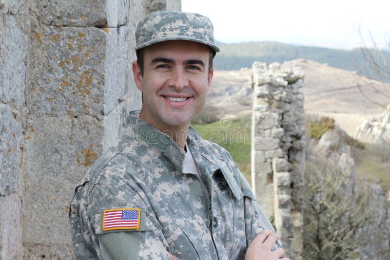 Healthy American soldier smiling outdoors stock photography Healthy American soldier smiling outdoors stock photography
