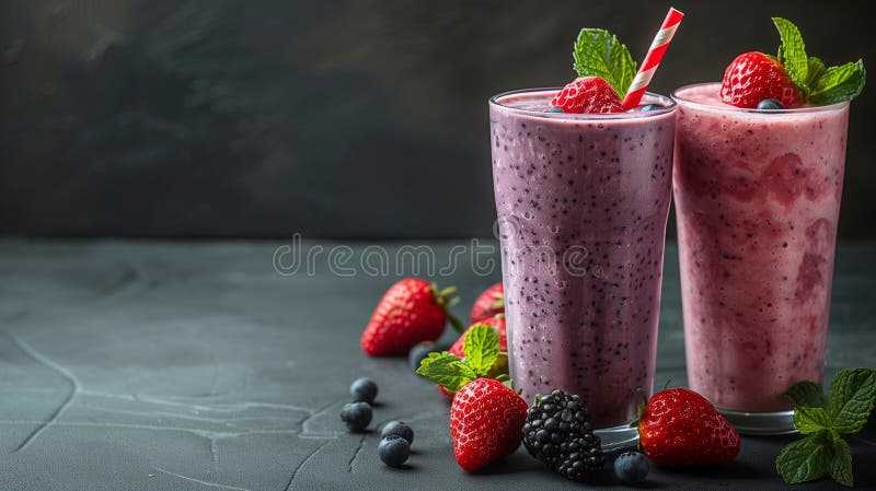 Healthy Berry Breakfast Smoothie with Strawberry Milk and Yogurt Stock