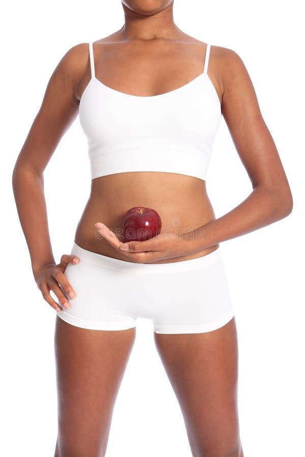 Healthy body african american woman and red apple stock photo Healthy body african american woman and red apple stock photo