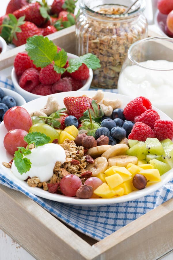Healthy Breakfast Berries, Fresh Fruit and Cereal, Vertical Stock