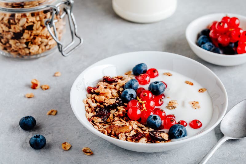Healthy Breakfast Bowl with Granola, Blueberries, Red Currants and ...
