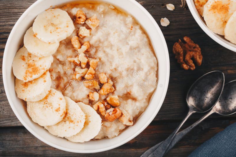 Healthy Breakfast Bowl. Oatmeal with Banana, Walnuts, Chia Seeds and ...