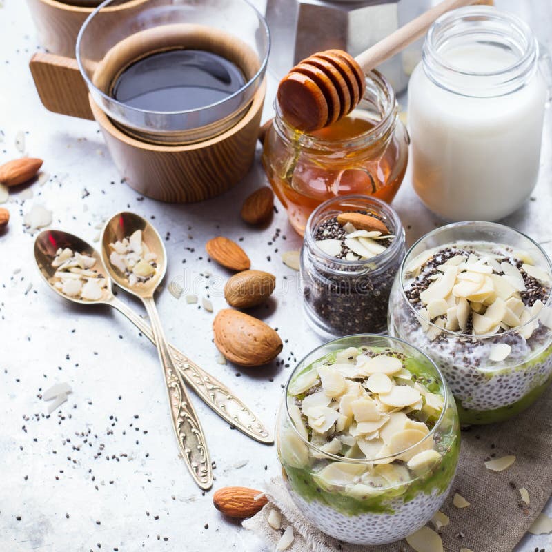 Healthy Breakfast Chia Seed Pudding Almond Milk Fruit Honey Coffee ...