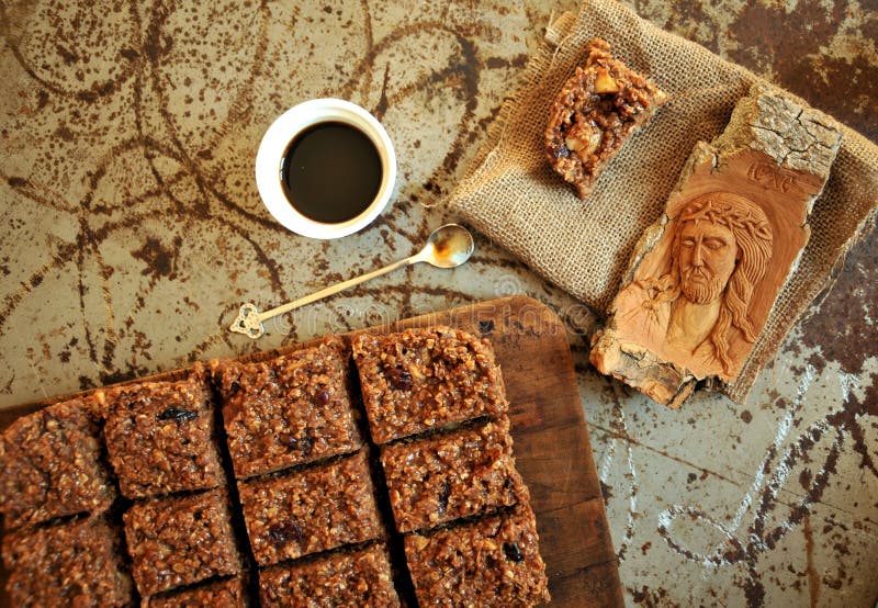 Healthy breakfast with chocolate cake and coffee on a vintage board